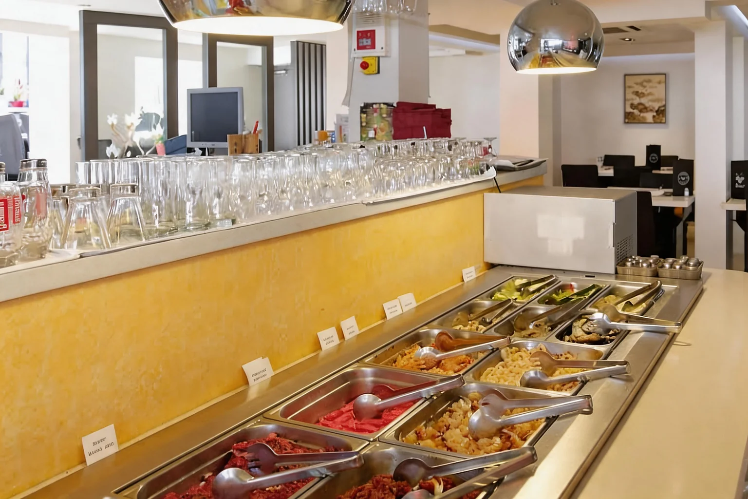 Buffet trays with tongs, rows of glasses above
